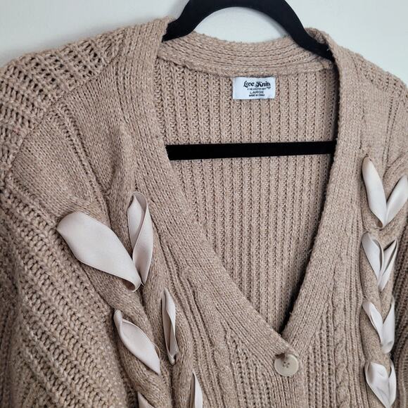Love Knits Womens Large Tan Cardigan Sweater Ribbon Lace Up Detail Chunky Knit - Picture 2 of 5